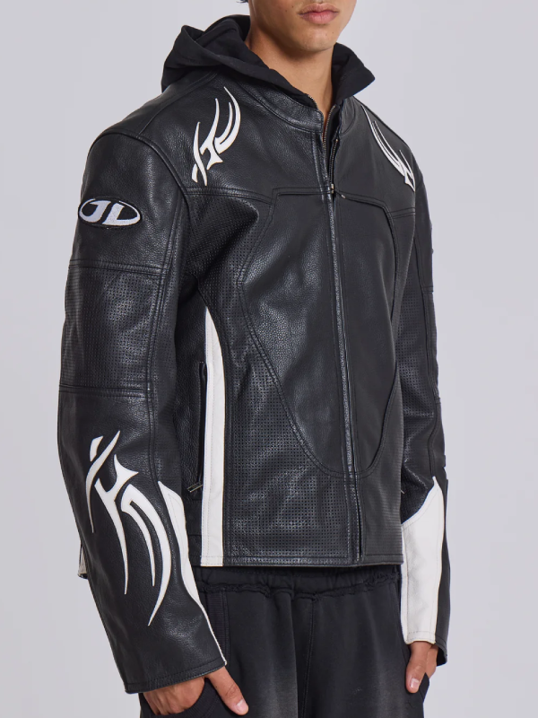 Adults S02 black tribal leather jacket hooded front side