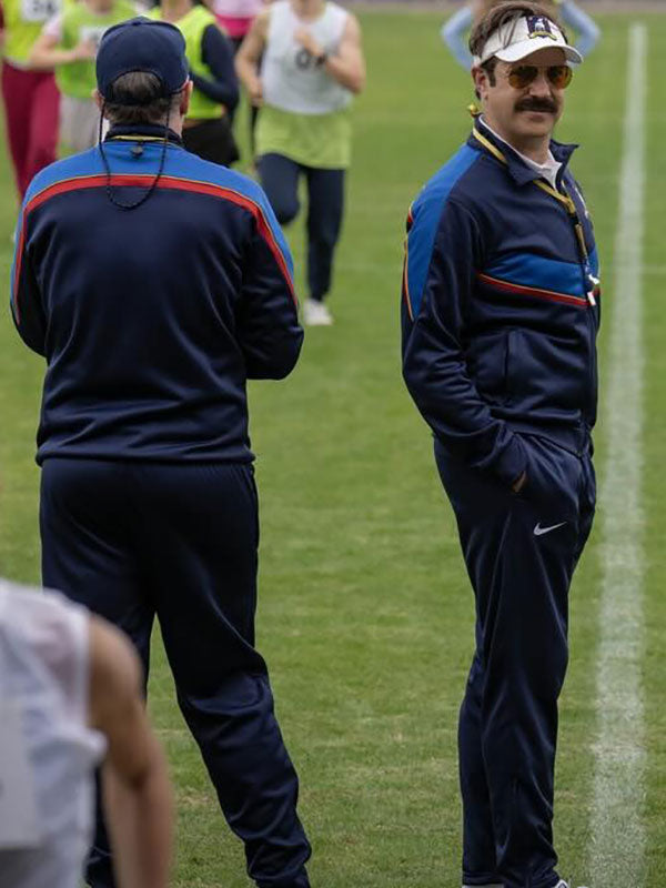 Ted Lasso blue tracksuit jacket and pants back view Season 4 training ground