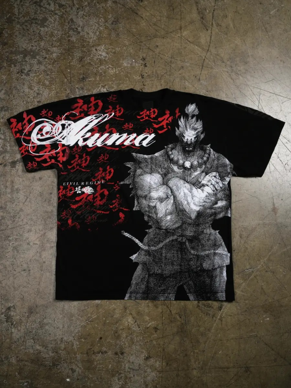 Akuma Street Fighter Civil Regime graphic tee front view flat lay
