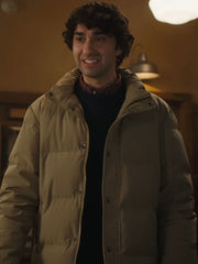 Spencer Gilpin Jumanji Open World beige puffer jacket three quarter view restaurant