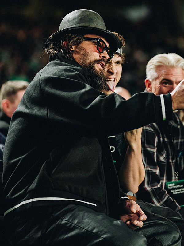 Jason Momoa inspired black wool bomber jacket front view stadium