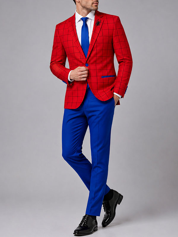 andrew garfield Spider-Man inspired red windowpane blazer blue pant front view studio