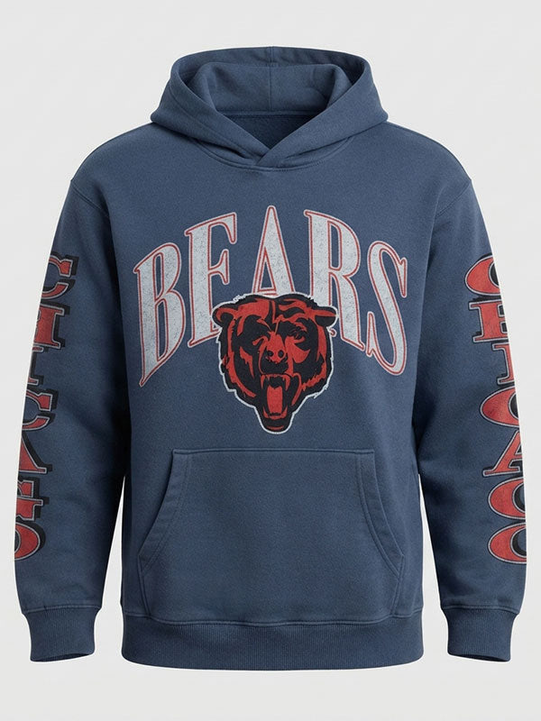 Recreation A&F X Chicago Bears blue hoodie with large BEARS lettering, bear graphic, and detailed sleeve prints.