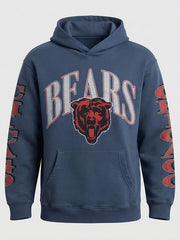 Recreation A&F X Chicago Bears blue hoodie with large BEARS lettering, bear graphic, and detailed sleeve prints.