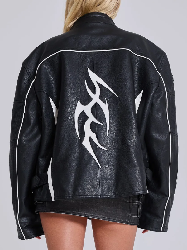 Adults leather jacket back tribal flame design female
