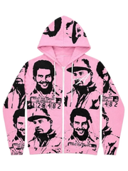 Pink Oreo Cartel Asaali Hoodie with Pablo Escobar and El Chapo portrait graphics