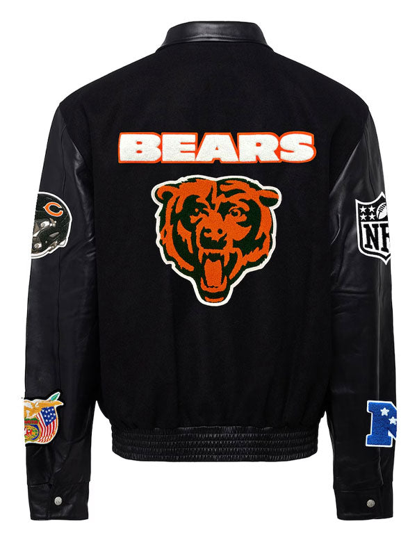 Chicago Bears black varsity bomber jacket back view embroidered logo detail