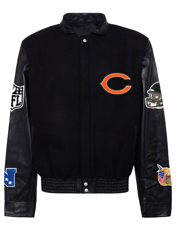 Chicago Bears black varsity bomber jacket front view flat lay