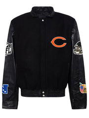 Chicago Bears black varsity bomber jacket front view flat lay