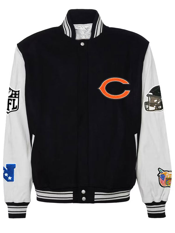 Chicago Bears black white varsity bomber jacket front view flat lay