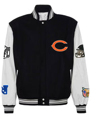 Chicago Bears black white varsity bomber jacket front view flat lay