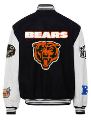 Chicago Bears black white varsity bomber jacket back view embroidered logo detail