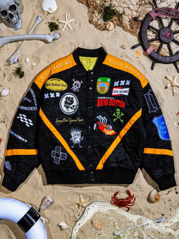 Team Bikini Bottom SpongeBob racing jacket front view flat lay