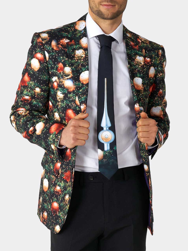 Green tree red gold bauble print blazer with tie
