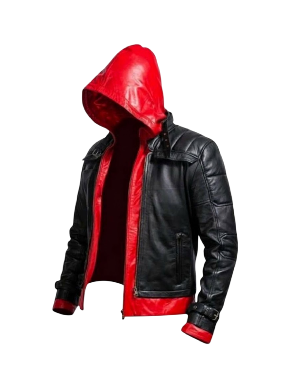 Fixed Hood Leather Jacket Jason Todd Black Red