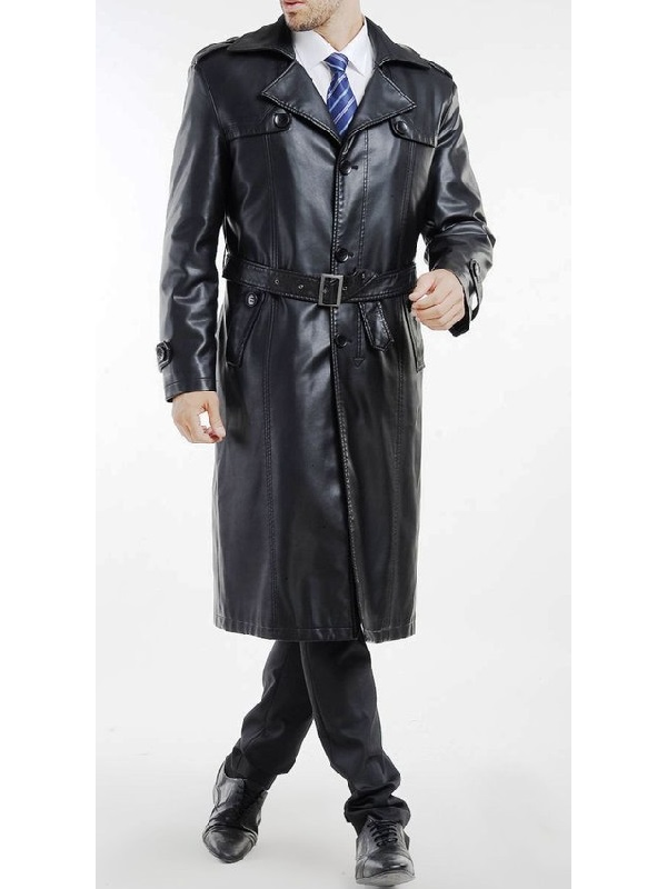mens belted faux leather trench