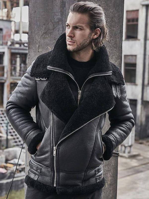 mens black sheepskin leather coat