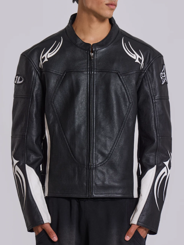 Owen Thiele Anton Evans leather jacket front view close up