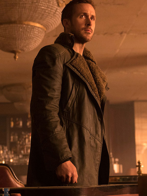 Ryan Gosling Officer K shearling collar coat close up front view bar scene