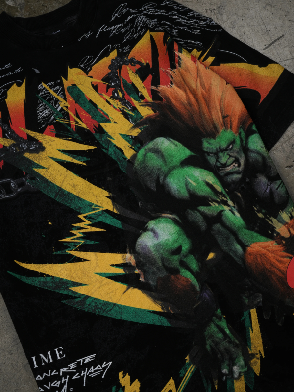 Blanka Street Fighter tee front print close up detail