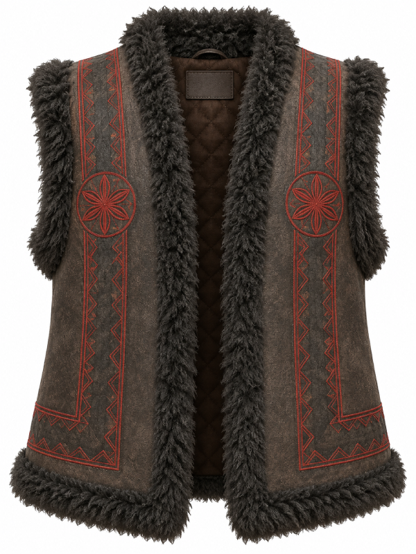 Blood of Dawnwalker fur trim embroidered leather vest product photo front view