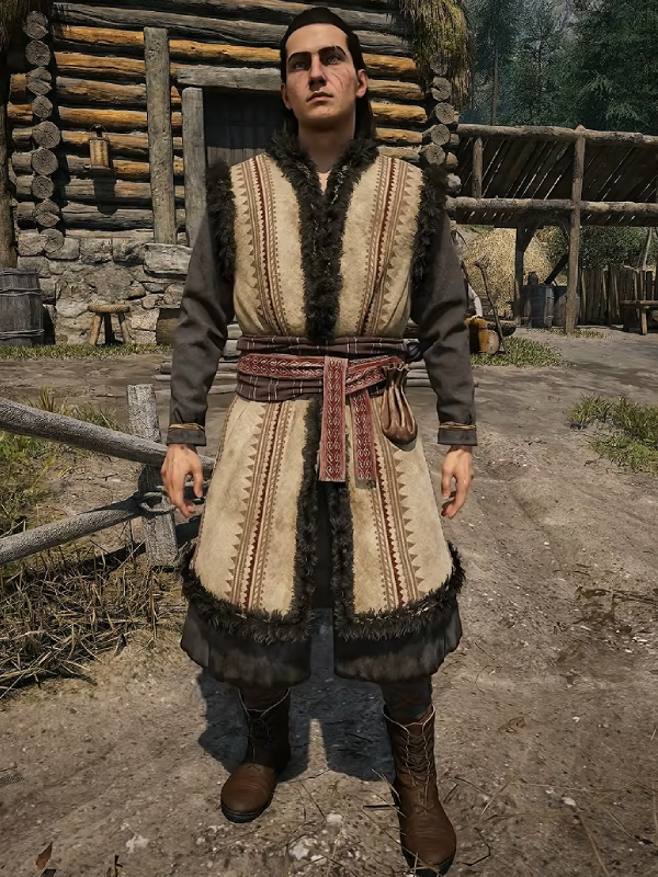 Coen Blood of Dawnwalker fur trim vest village scene front view