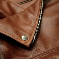 Close-up of brown leather biker jacket with zip and metal button detail