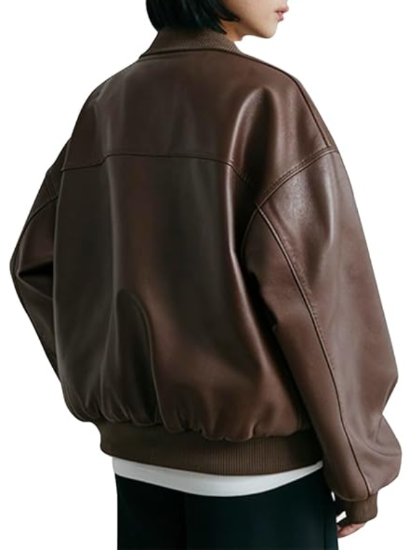 womens dropped shoulder brown leather jacket