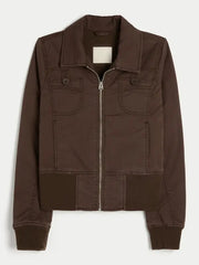 Brown cotton twill zip-up jacket flat lay front