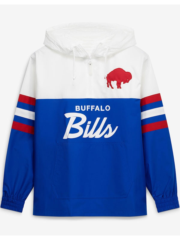Buffalo Bills royal blue head coach anorak hoodie windbreaker front view flat lay