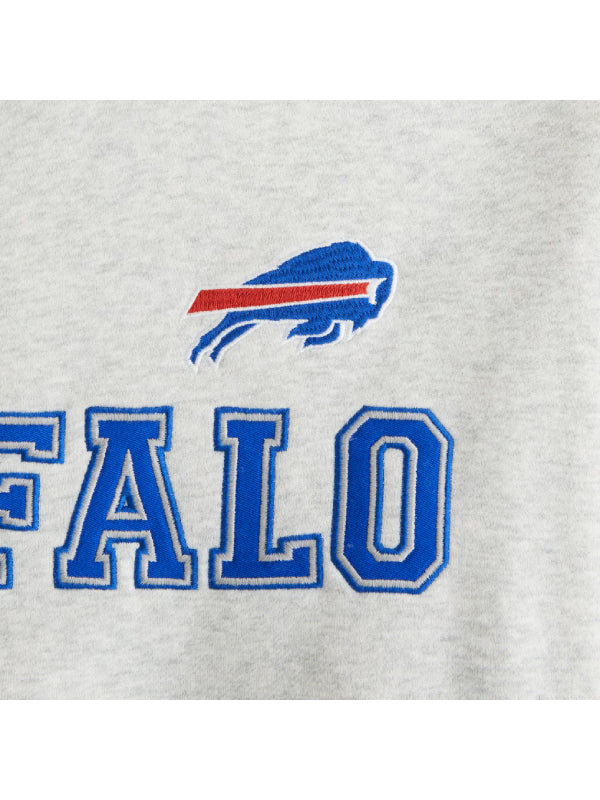 Close-up of Buffalo Bills logo and lettering on gray fleece hoodie