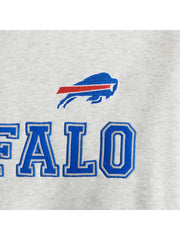 Close-up of Buffalo Bills logo and lettering on gray fleece hoodie