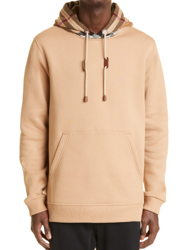 Camel Burberry pullover hoodie with checked hood