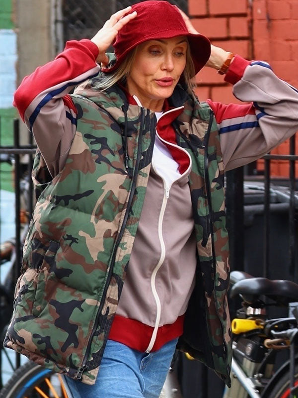 Cameron Diaz Bad Day camo vest close up bucket hat