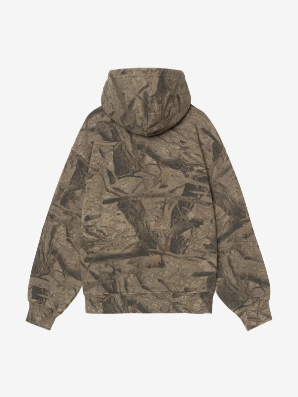 Back view, flat lay, all-over tan camo print hoodie with hood