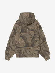 Back view, flat lay, all-over tan camo print hoodie with hood