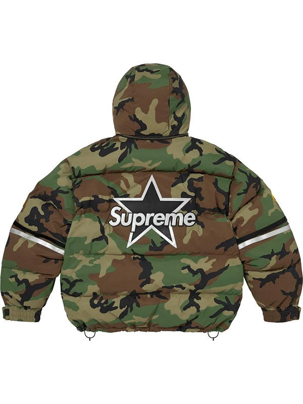 Woodland camouflage Supreme Vanson puffer jacket back view with large star graphic