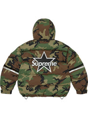 Woodland camouflage Supreme Vanson puffer jacket back view with large star graphic