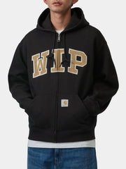 Black hoodie close-up front view showing WIP chest patch and logo tag