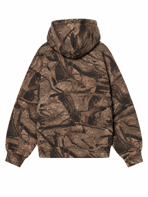 Back view, flat lay, all-over brown camo print hoodie with hood