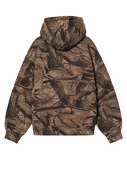 Back view, flat lay, all-over brown camo print hoodie with hood