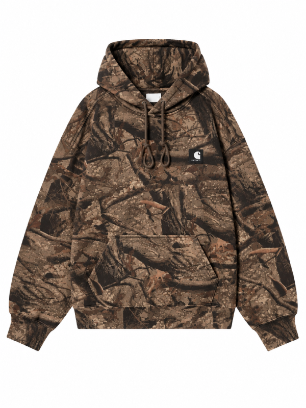 Front view, flat lay, brown tonal camo hoodie with kangaroo pocket and patch