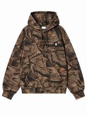 Front view, flat lay, brown tonal camo hoodie with kangaroo pocket and patch