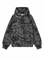 Front view, flat lay, dark charcoal camo hoodie with chest patch logo