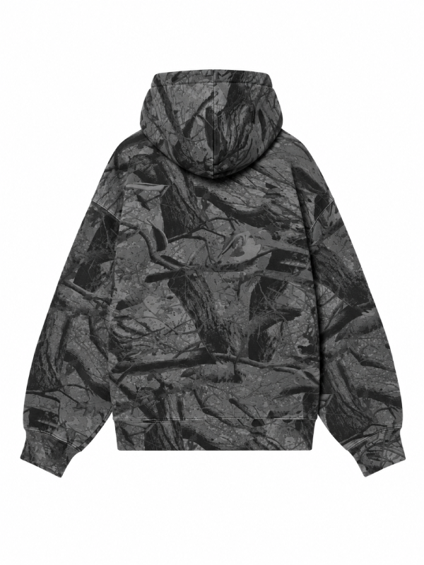 Back view, flat lay, all-over charcoal camo print hoodie with hood
