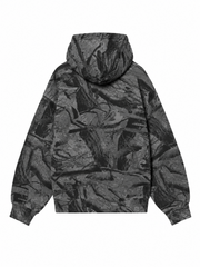 Back view, flat lay, all-over charcoal camo print hoodie with hood