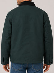 Carhartt WIP Quentin Forest green canvas chore jacket back view close up