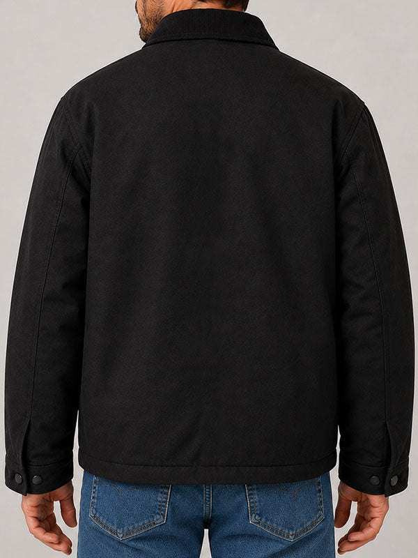 Carhartt WIP Quentin Black canvas chore jacket back view close up