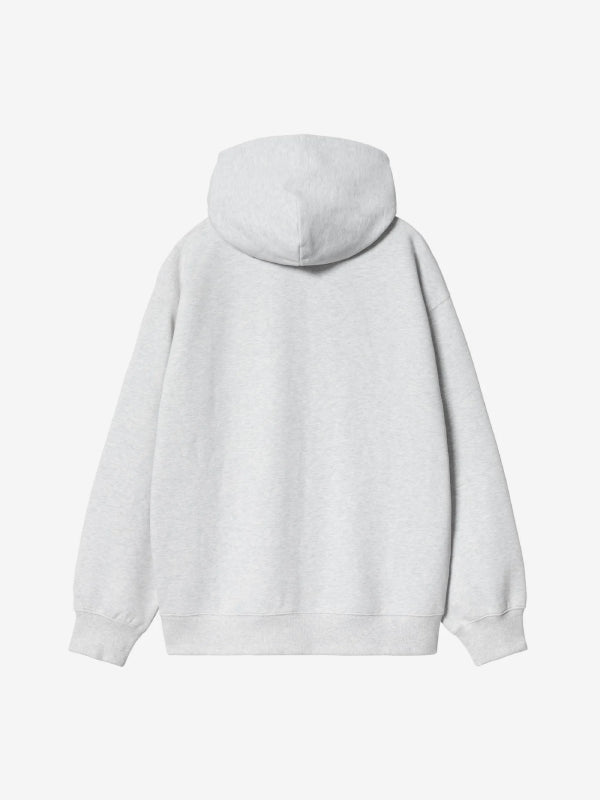 Back view, flat lay, plain grey hoodie with drawstring hood
