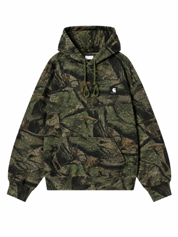 Front view, flat lay, green woodland camo hoodie with drawstring hood and patch